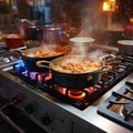 Gas stove magic Pots harmonize, cooking delicious food in kitchen