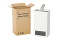Gas tankless water heater with cardboard box, delivery concept.