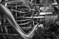 Gas turbine engine of feed gas compressor located inside pressurized enclosure, Black white monochrome. The gas turbine engine Royalty Free Stock Photo