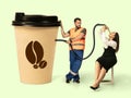 Gas up yourself, filling up with coffee to wake up. Creative artwork.