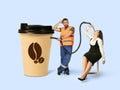 Gas up yourself, filling up with coffee to wake up. Creative artwork.