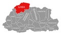 Gasa red highlighted in map of Bhutan Royalty Free Stock Photo