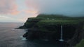 Gasadalur watefrall at the Faroe Islands, Denmark. Sunset view