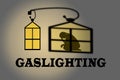 Gaslight with silhouette of woman in shadow cast by the lamp, Gaslighting illustration