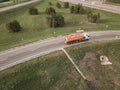 Gasolin tank truck on the highway. Aerial drone photo.