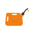 Gasoline can with spout and pouring petrol drop. Orange fuel jerrycan isolated on white background. Vector cartoon