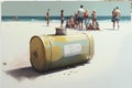 gasoline canister on the beach, surrounded by bathers and their towels