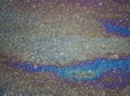 Gasoline flows on the asphalt surface. Iridescent stains of gasoline. Royalty Free Stock Photo