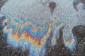 Gasoline that had leaked onto a wet parking lot creates a rainbow oil slick