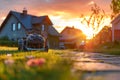 Gasoline lawn mower parked by house at sunset ready for mowing. Concept Sunset Landscape, Lawn Royalty Free Stock Photo