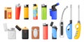 Gasoline lighters. Cartoon plastic petrol lighter, cheap ignition tool ignite cigarette gas kitchen tool, light fire Royalty Free Stock Photo