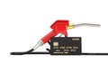 Gasoline Pistol Pump Fuel Nozzle, Gas Station Dispenser and Black Plastic Golden Credit Card with Chip. 3d Rendering Royalty Free Stock Photo