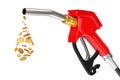 Gasoline Pistol Pump Fuel Nozzle, Gas Station Dispenser with Droplet of Dollars Coins. 3d Rendering Royalty Free Stock Photo