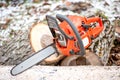 Gasoline powered professional chainsaw on pile of cut wood Royalty Free Stock Photo