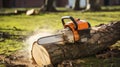 Gasoline saw on the felled tree. Professional chainsaw on walnut tree. Generative AI