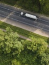 Gasoline truck Oil trailer on highway driving along the road. aerial view of Tank vehicle at work Royalty Free Stock Photo