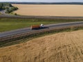 Gasoline truck Oil trailer on highway driving along the road. aerial view of Tank vehicle at work Royalty Free Stock Photo