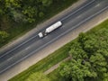Gasoline truck Oil trailer on highway driving along the road. aerial view of Tank vehicle at work Royalty Free Stock Photo