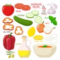 Gaspacho Product Kit. Bowl, tomato soup products. Culinary course poster concept. Dish of Spanish cuisine, Mediterranean