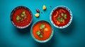 Gaspacho soup on blue tabletop. Three bowls of traditional spanish cold soup gazpacho Generative AI