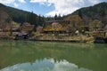 A Gassho-style old house and the pond. Hida-Takayama Japan Royalty Free Stock Photo