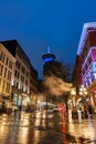 Vancouver Gastown Steam Clock and beautiful street view on a rainy night. Royalty Free Stock Photo