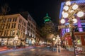 Gastown Steam Clock and Vancouver downtown beautiful street view at night. Royalty Free Stock Photo