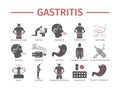 Gastritis. Heartburn, Symptoms, Treatment. Flat icons set. Vector signs for web graphics.