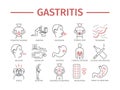 Gastritis. Heartburn, Symptoms, Treatment. Line icons set. Vector signs for web graphics.