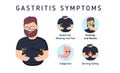 Gastritis symptoms infographic. Digestive system disease signs. Vomiting and abdominal pain, nausea and burning feeling