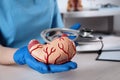 Gastroenterologist with human stomach model and stethoscope at table in clinic, closeup