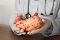 Gastroenterologist with stomach model at table in clinic, closeup