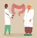 Gastroenterologists research intestine. Gastritis, stomach ulcer illustration. Intestine, stomach doctor examine, treat