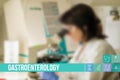 Gastroenterology medical concept image with icons and doctors on background