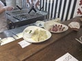 Pelmeni and vareniki in foodcourt gastronomic center in Zaryadie park, Moscow