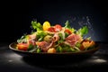 Gastronomic delight, chef\'s exquisite salad on chalk blackboard backdrop copy space