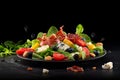 Gastronomic delight, chef\'s exquisite salad on chalk blackboard backdrop copy space