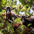 Gastronomic Delight: Goats Relishing Fresh Coffee Cherries Under Verdant Canopy