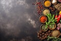 Gastronomic delight, spices and herbs arranged on stone table copy space