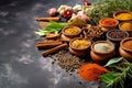 Gastronomic delight, spices and herbs arranged on stone table copy space