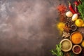 Gastronomic delight, spices and herbs arranged on stone table copy space