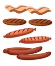 Gastronomic meat products in cartoon style. Vector icons steak , barbecue, lamb, chops, bacon, chorizo, sausage, chicken wings, ch Royalty Free Stock Photo