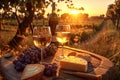 Gastronomic still life with glasses of wine on wooden table in setting sun outdoors