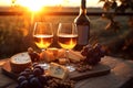 Gastronomic still life with glasses of wine on wooden table in setting sun outdoors. Generative ai