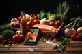 Gastronomic still life with a piece of fresh red fish on a background of fresh vegetables , a bottle of oil and freshly