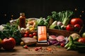 Gastronomic still life with a piece of fresh red fish on a background of fresh vegetables , a bottle of oil and freshly