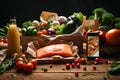 Gastronomic still life with a piece of fresh red fish on a background of fresh vegetables , a bottle of oil and freshly