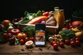 Gastronomic still life with a piece of fresh red fish on a background of fresh vegetables , a bottle of oil and freshly