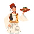 Gastronomic Tourism with Man Character in Tarboosh Holding Authentic Turkish Dish Vector Illustration
