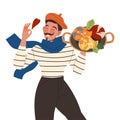 Gastronomic Tourism with Moustached Man Character Holding Authentic French Dish with Escargot Vector Illustration